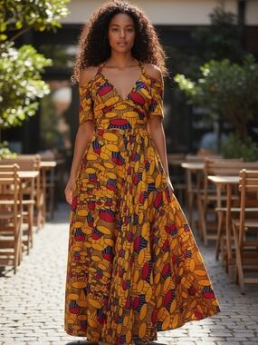 Cold-Shoulder Maxi Dress in Mustard Yellow Print